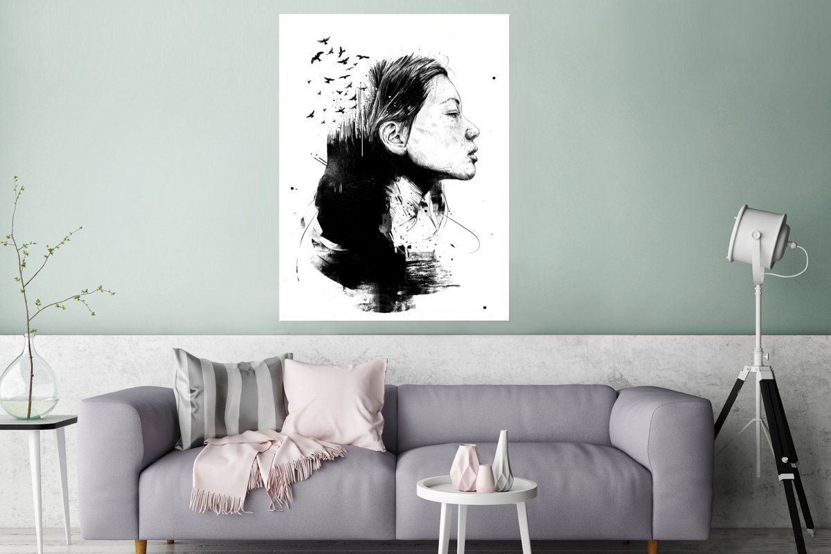 Poster Vrouw - Vogels - Zwart - Wit - 90x120 cm
