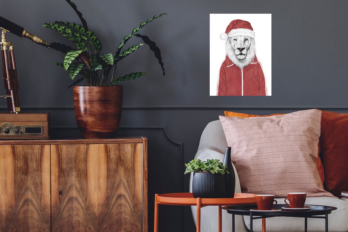 Poster Leeuw - Vest - Kerstmuts - Wit - 30x40 cm