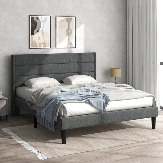 Gestoffeerd bed 140 x 200 cm-bedframe met lattenbodem & hoofdeinde-gestoffeerd tweepersoonsbed-textielhoeslinnen in donkergrijs jeugdbed