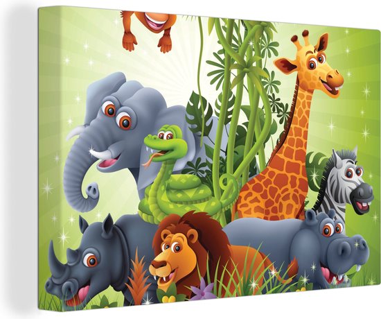 Canvas schilderij 150x100 cm - Wanddecoratie Jungle dieren - Planten - Kinderen - Olifant - Giraf - Leeuw - Muurdecoratie woonkamer - Slaapkamer decoratie - Kamer accessoires - Schilderijen