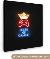 Canvas Schilderij Gaming quotes - Neon - House of gaming - Kroon - Tekst - 20x20 cm - Wanddecoratie