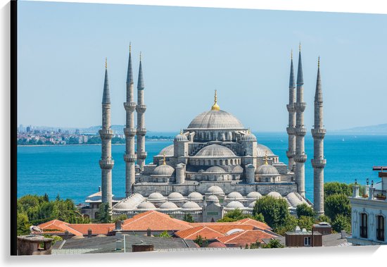 Canvas - Sultan Ahmet Moskee aan de Zee van Turkije - 120x80 cm Foto op Canvas Schilderij (Wanddecoratie op Canvas)