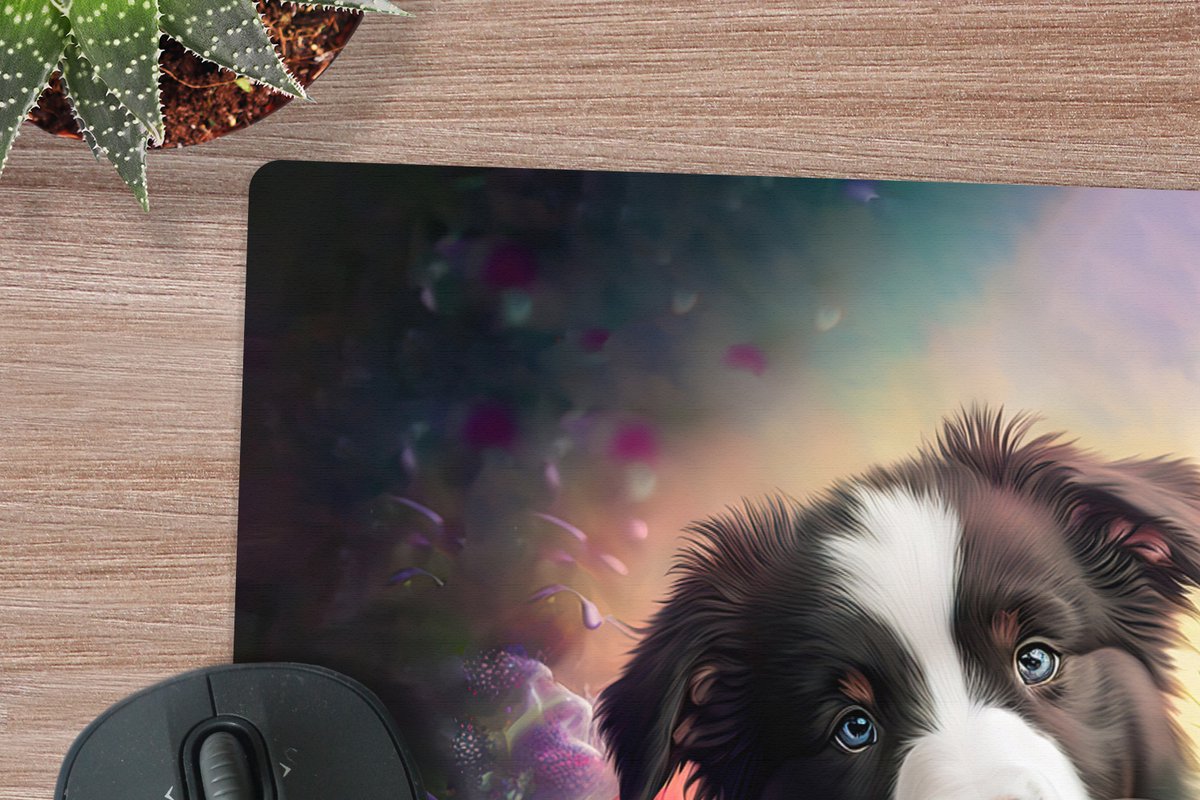 Muismat XXL 80x80 cm - Bureau onderlegger - Bureau mat Puppy - Zon - Bloemen - Natuur - Bordercollie - Hond - Bureaumat - Gaming mousepad xl - Bureaulegger groot - Computer deskmat