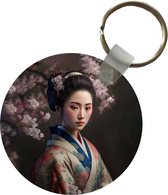 Sleutelhanger - Vrouw - Sakura - Kimono - Aziatisch - Portret - Plastic - Rond - Uitdeelcadeautjes