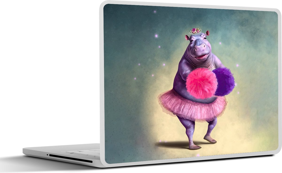 Laptop sticker - 17.3 inch - Nijlpaard - Bloemen - Ballerina - Pompons - Portret - Kids - 40x30cm - Laptopstickers - Laptop skin - Cover