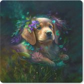 Muismat - Mousepad - Hond - Puppy - Bloemen - Natuur - Golden retriever - 30x30 cm - Muismatten