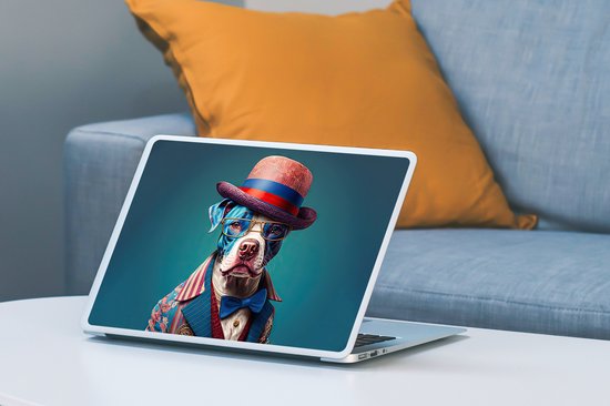 Laptop sticker - 11.6 inch - Hond - Hoed - Colbert - Bloemen - Blauw - 30x21cm - Laptopstickers - Laptop skin - Cover
