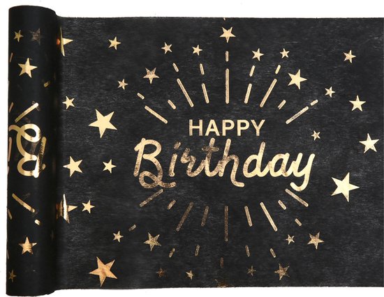 Santex Happy birthday verjaardag tafelloper op rol - zwart/goud - 30 x 500 cm - polyester