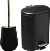 5Five Badkamer/toilet accessoires set - WC-borstel/pedaalemmer 6L- zwart - metaal/polystone