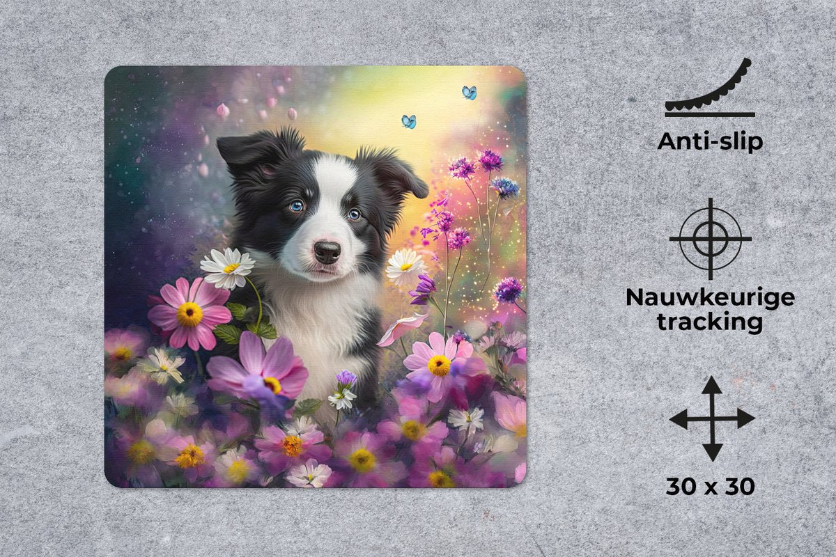 Muismat 30x30 cm - Mousepad Hond - Bloemen - Natuur - Puppy - Bordercollie - Muismatten