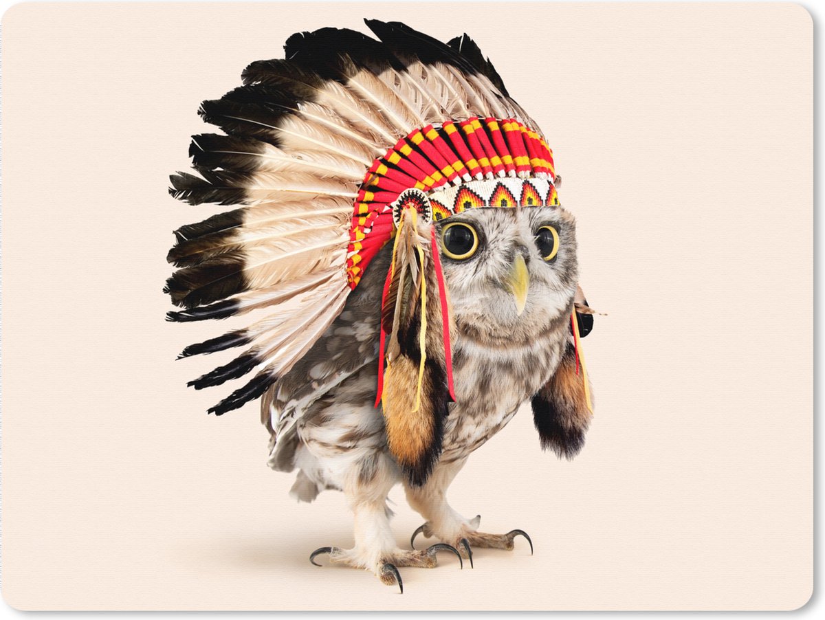 Muismat xxl grappig - Mousepad xxl - Bureau onderlegger - Bureau accessoires - Uil - Indiaan - Veren - Dieren - 80x60 cm