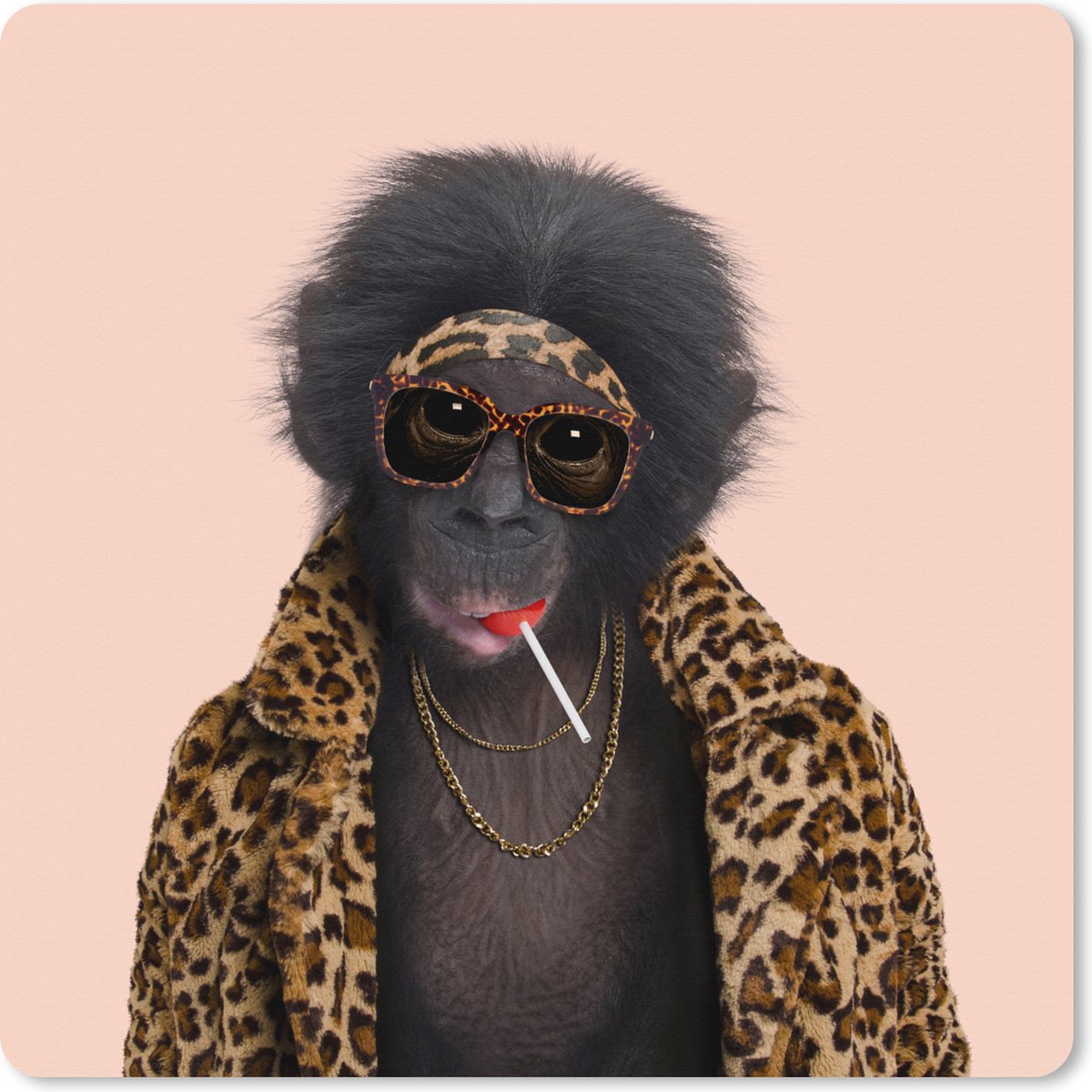 Mousepad xxl - Muismat xxl - Bureau accessoires - Muismat grappig - Aap - Dieren - Zonnebril - Panterprint - Lolly - 40x40 cm