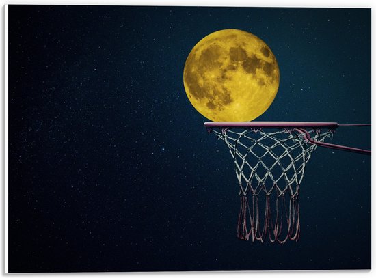 PVC Schuimplaat- Maan met Gele Gloed in Basketbal Net - 40x30 cm Foto op PVC Schuimplaat