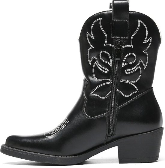 SmileFavorites® Dames Cowboylaarzen met Hak Kort - Zwart - Imitatieleer - Maat 38