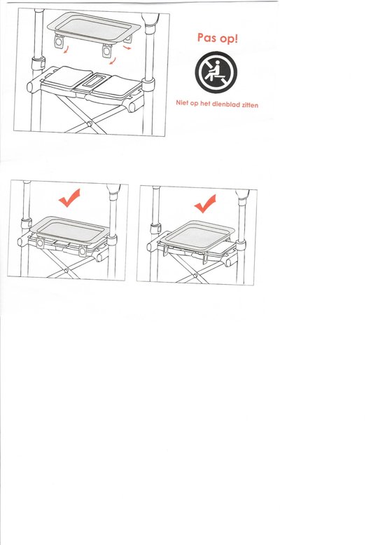 Illustratie van hoe het dienblad op de rollator te plaatsen. Pas op! Niet op het dienblad zitten.