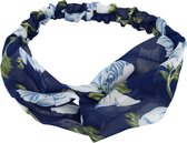 Haarband Twist Bloemen Print Voile Stof Donker Blauw Hoofdband Flower Patroon Bloem