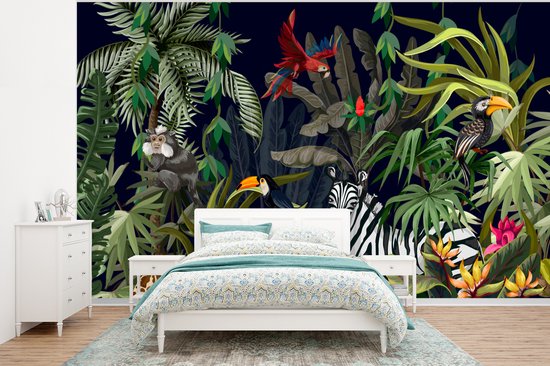 Behang - Fotobehang Jungle dieren - Natuur - Jongens - Meisjes - Flamingo - Zebra - Breedte 375 cm x hoogte 280 cm