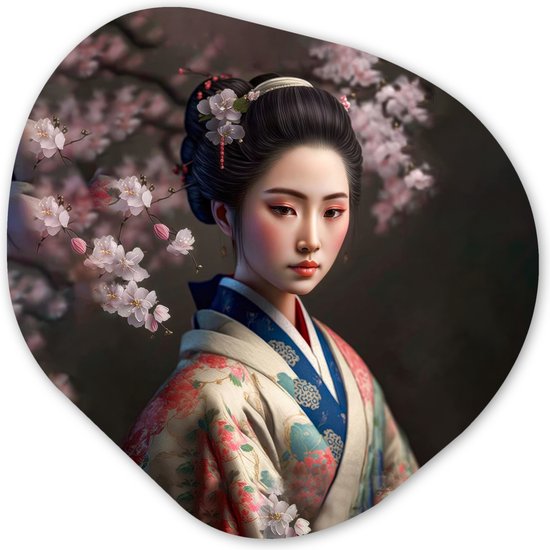 Organische Wanddecoratie - Kunststof Muurdecoratie- Organisch Schilderij - Vrouw - Sakura - Kimono - Aziatisch - Portret- 40x40 cm - Asymmetrische spiegel vorm op kunststof
