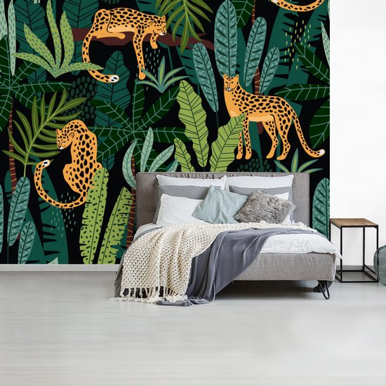 Behang - Fotobehang Jungle - Panter - Patronen - Jongens - Meiden - Planten - Breedte 300 cm x hoogte 240 cm