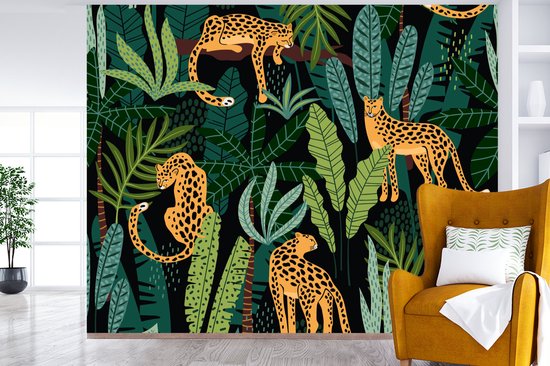 Behang - Fotobehang Jungle - Panter - Patronen - Jongens - Meiden - Planten - Breedte 300 cm x hoogte 240 cm