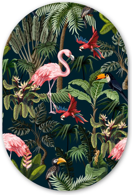 Muurovaal - Wandovaal - Kunststof Wanddecoratie - Ovalen Schilderij - Jungledieren - Patroon - Kinderen - Flamingo - Papegaai - Kids - 40x60 cm - Ovale spiegel vorm op kunststof