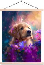 Posterhanger incl. Poster - Schoolplaat - Hond - Puppy - Zon - Bloemen - Golden retriever - 40x53 cm - Blanke latten