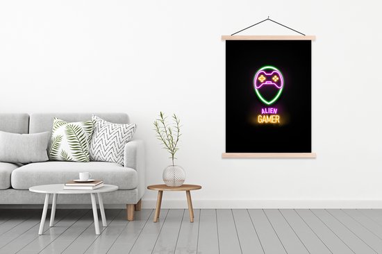 Porte-affiche avec affiche 87x120 cm - Affiche scolaire - Gaming - Citations - Néon - Alien gamer - Manette - Affiche textile - Lattes vierges