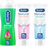 Durex - 3 Lubrifiants à Base d'Eau - Play Massage 2/1 Aloe 200ML - Gel Hydratant Natural 100ML - Gel Natural Extra Sensible 100ML