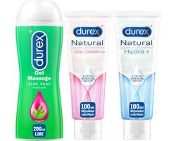 Durex - 3 Glijmiddelen Waterbasis - Play Massage 2/1 Aloe 200ML - Natural Hydratant Gel 100ML - Natural Extra Sensitive Gel 100ML