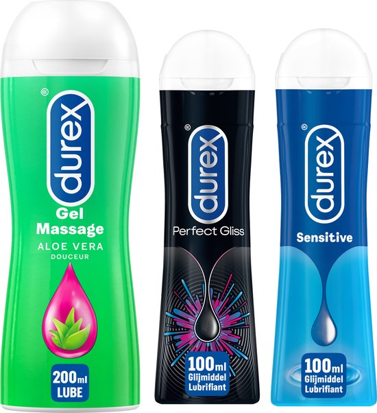 Trois bouteilles de lubrifiant Durex : vert Aloe Vera 200ML, noir Perfect Gliss 100ML, bleu Sensitive 100ML.