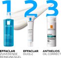 Drie La Roche-Posay producten: Effaclar Zuiverende Reinigingsgel, Effaclar Duo(+) en Anthelios Oil Correct.