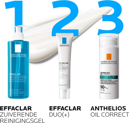 Drie La Roche-Posay producten: Effaclar Zuiverende Reinigingsgel, Effaclar Duo(+) en Anthelios Oil Correct.