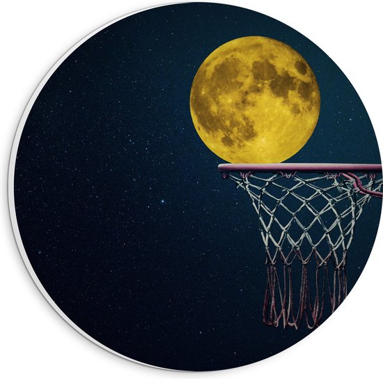 PVC Schuimplaat Muurcirkel - Maan met Gele Gloed in Basketbal Net - 20x20 cm Foto op Muurcirkel (met ophangsysteem)