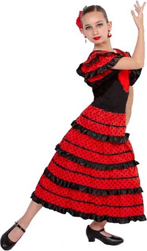 Spaanse Flamenco jurk - Zwart/Rood - Maat 116/122 (8) - Verkleed jurk kind verkleedkleding meisje