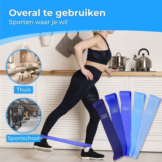 Vrouw gebruikt weerstandsband in keuken, illustraties tonen thuis en sportschool.