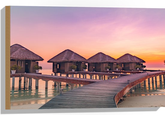 Hout - Vlonder naar Beach Resorts in Zee tijdens Zonsondergang - 60x40 cm - 9 mm dik - Foto op Hout (Met Ophangsysteem)