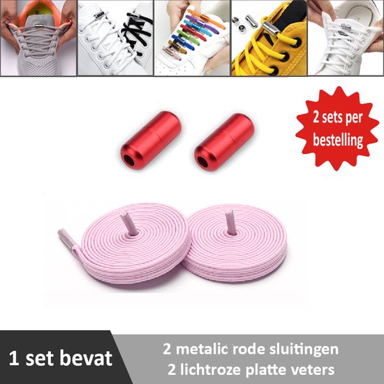 2 paar lichtroze platte elastische veters met metalic rode sluitingen. Je hoeft voortaan nooit meer je veters te strikken.