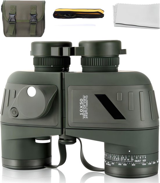Zoomble® Verrekijker met Afstandsmeter & Kompas - 10x50 - Incl. Draagtas - E-book Vogelspotten – HD Lens - Waterdicht - Geschikt voor Zeilen, Golf, Jagen, Wild spotten & Outdoor - Rangefinder - Groen