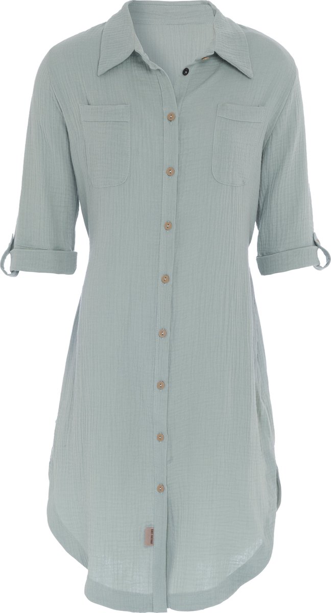 Knit Factory Kim Dames Blousejurk - Lange blouse dames - Blouse jurk lichtgroen - Zomerjurk - Overhemd jurk - XL - Vintage Green - 100% Biologisch katoen - Knielengte