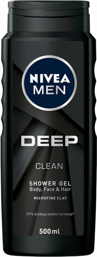 Zwarte NIVEA MEN DEEP CLEAN douchegel fles, 500ml, met microfijne klei.