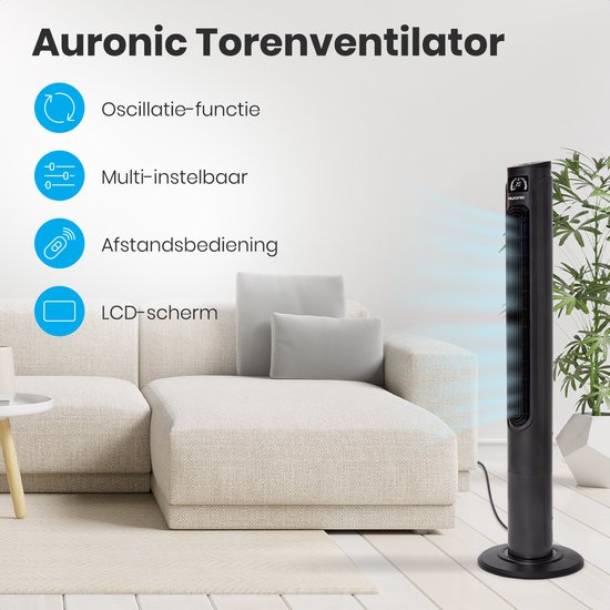 Auronic Torenventilator - Staande Ventilator met Afstandsbediening - Timer - 55W - 45dB - 118cm - Donkergrijs - Auronic