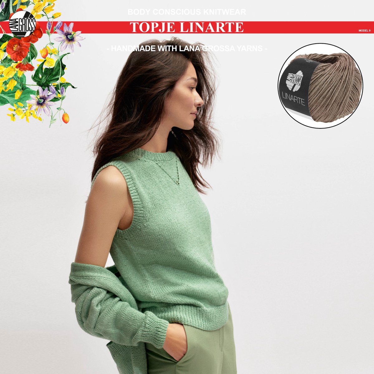 Breipakket top mt. 40/42 en 44 met Linarte garen model 9 van Lana Grossa Classici 24-kleur nougat