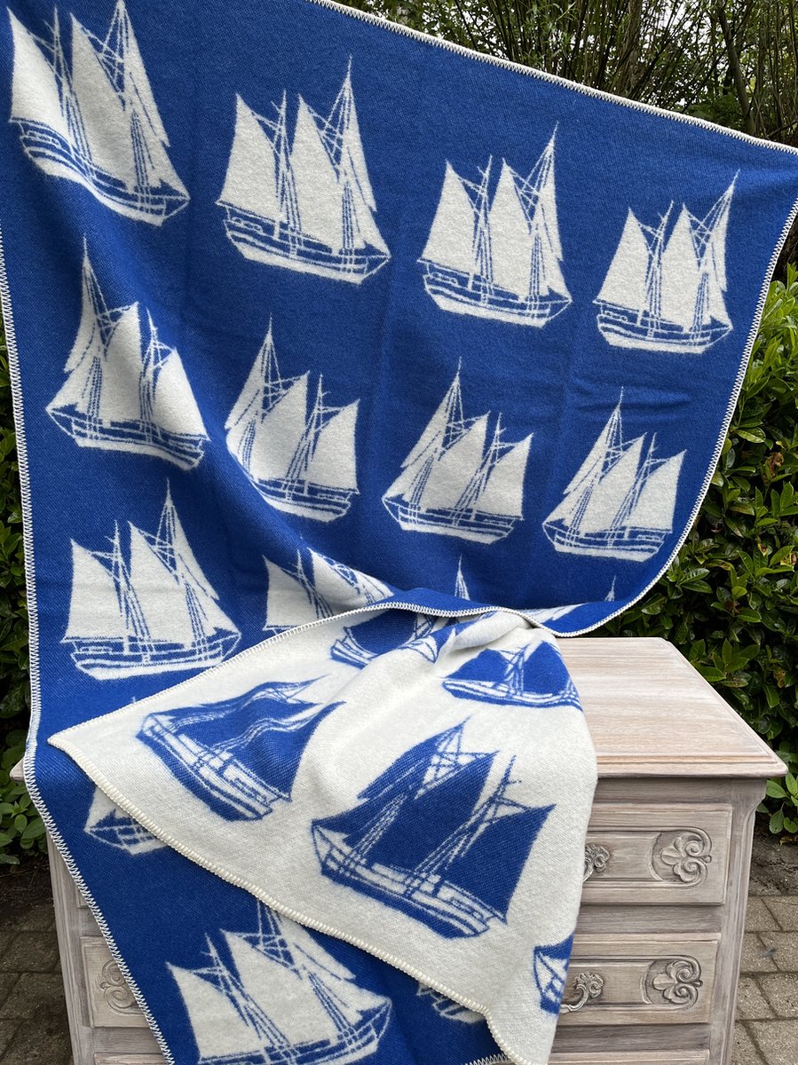 R&D Leder Wollen Plaid / deken zijlboot / Sailing - 100% nieuwe wol, extra dik - extra zacht - warm - isolerend - 2 kleurig - Must Have! - 130x200cm - cadeau idee Blauw