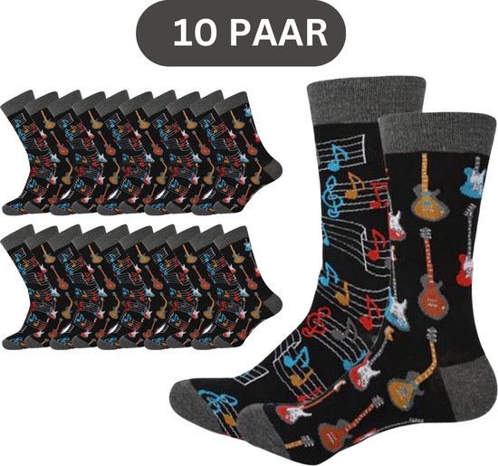 10 paar sokken met Gitaren en Muzieknoten - Gitaar en muziek sokken heren/dames maat 39-46