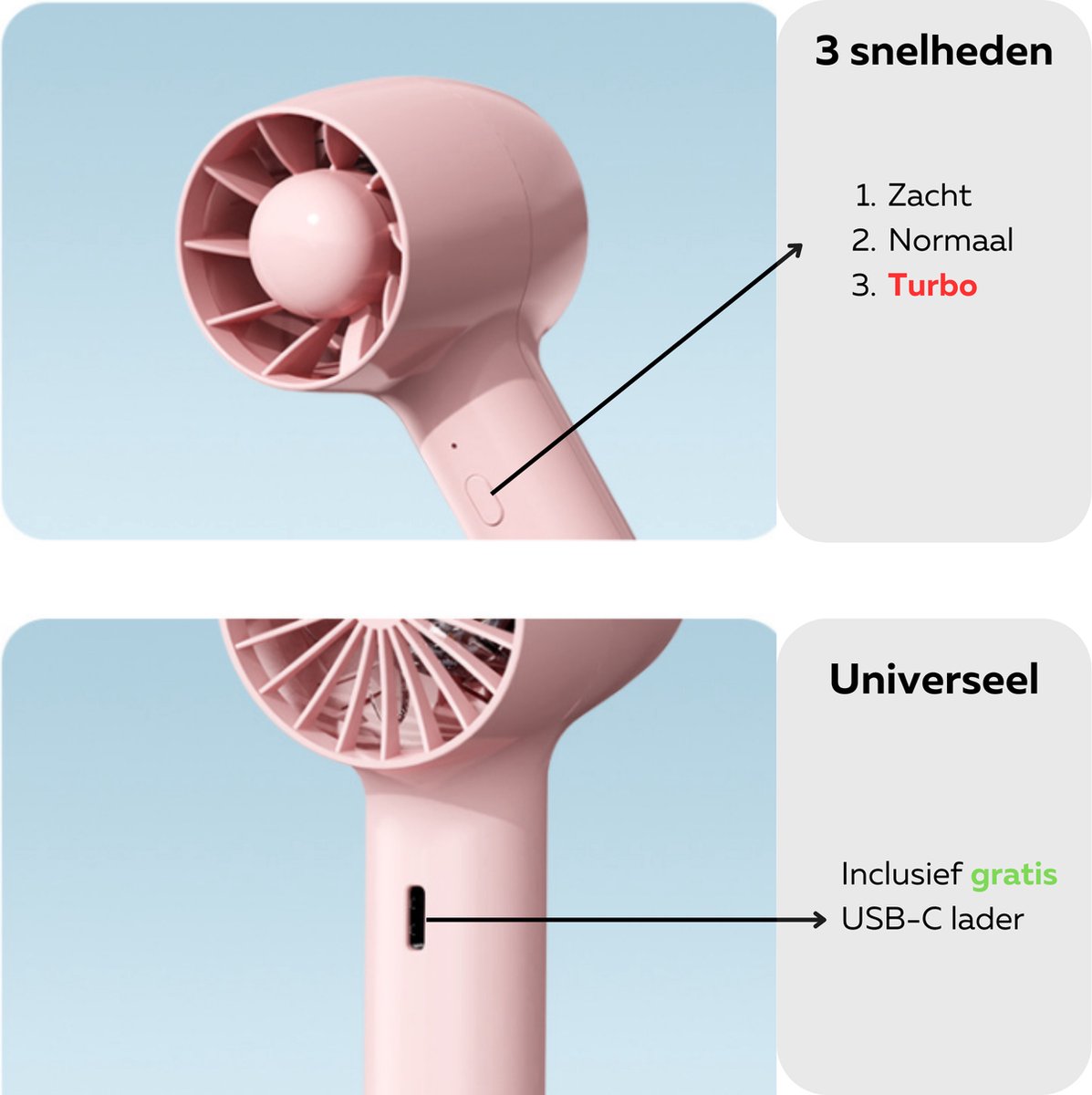 Kica JetFan Mini-draagbare handventilator, USB-ventilator, 14 uur