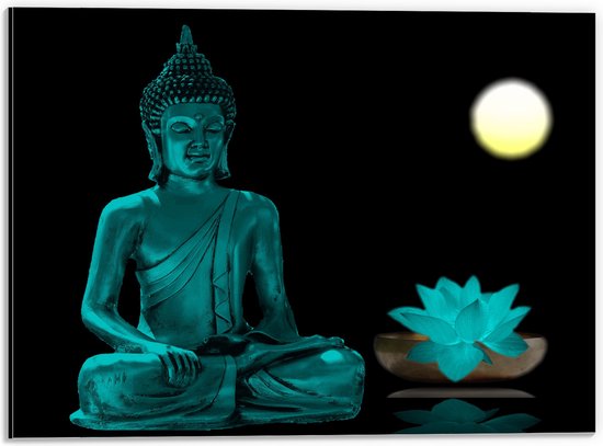 Dibond - Blauwe Boeddha langs Lelie tijdens de Nacht - 40x30 cm Foto op Aluminium (Wanddecoratie van metaal)