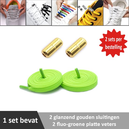 2 paar fluo-groene platte elastische veters met glanzend gouden sluitingen. Je hoeft voortaan nooit meer je veters te strikken.