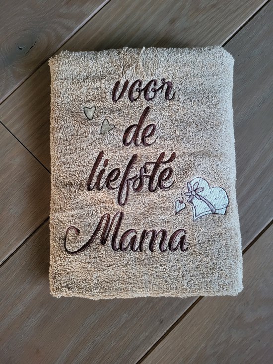 beige/zand handdoek met geborduurde tekst voor de liefste mama/moeder/moederdag/persoonlijk