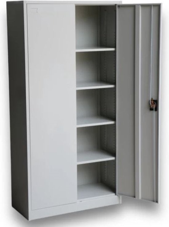 Offeco archiefkast wit, deuren deels open, 5 planken zichtbaar, met slot.