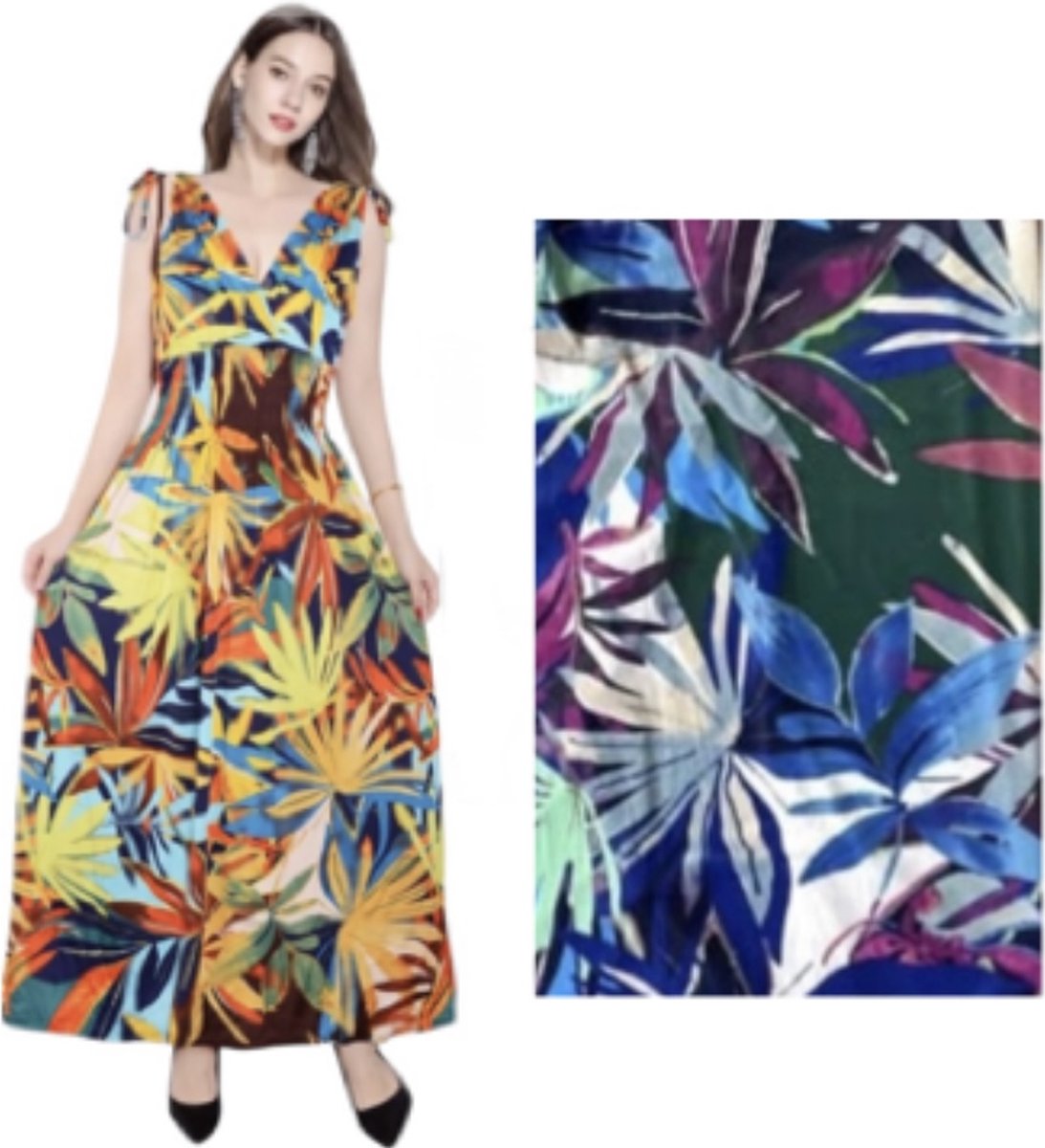 Dames maxi jurk met bladerenprint S/M Blauw/paars/roze/groen - Merkloos